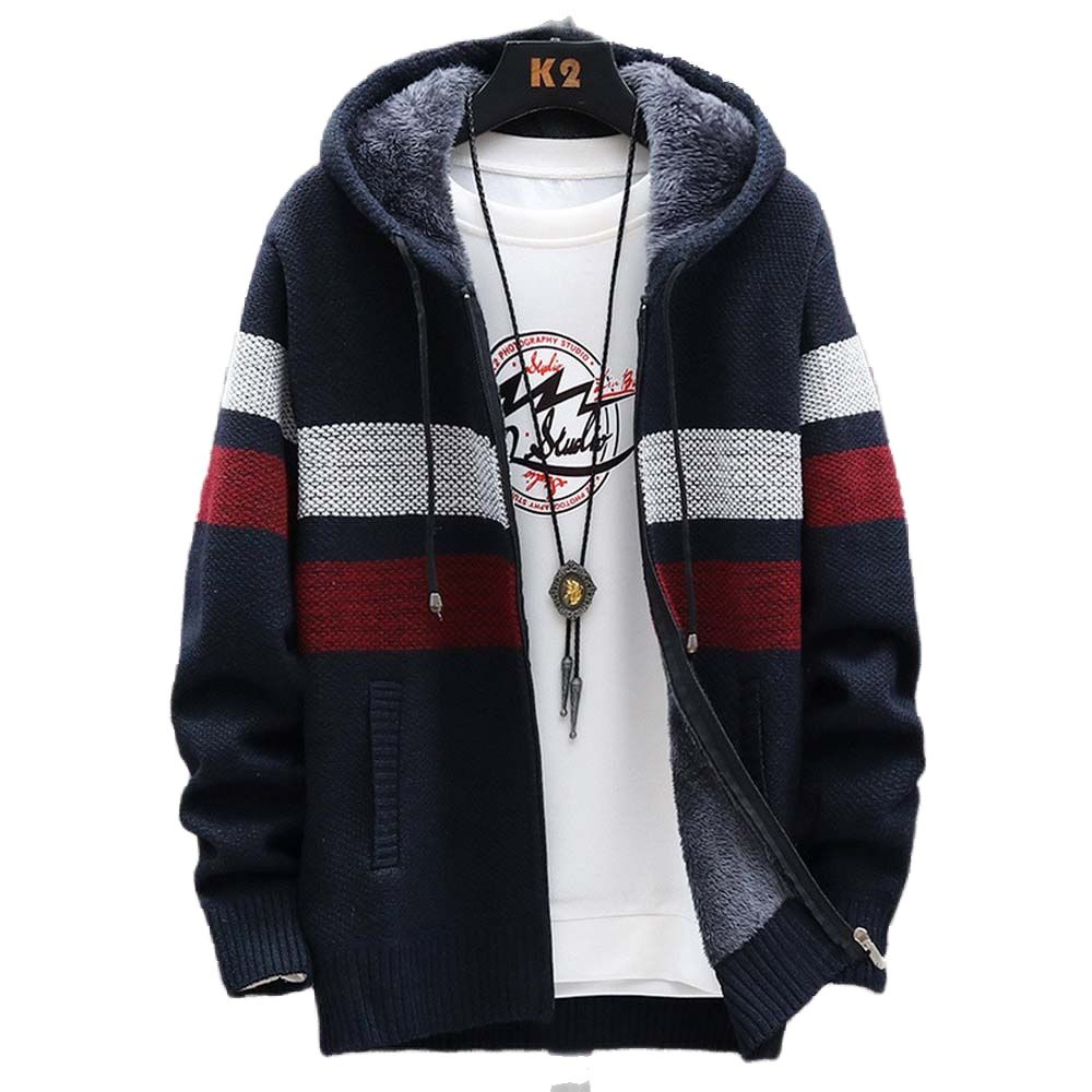 Fleece Hoodie Lined - 남성용 스트라이프 스웨터 코트 두꺼운 양털