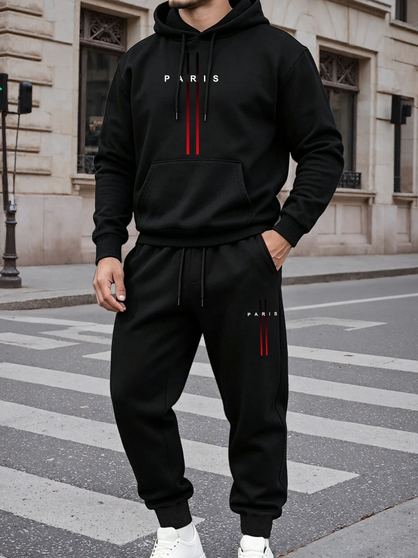 Fleece Hoodie Lined - 남성용 파리 그래픽 프린트 후드 트랙수트
