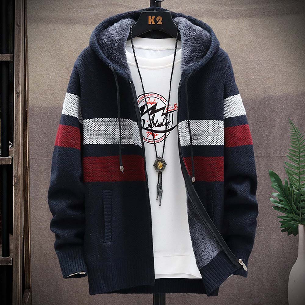 남성용 스트라이프 스웨터 코트 두꺼운 양털 따뜻한 지퍼 - Fleece Hoodie Lined 리뷰 및 가격