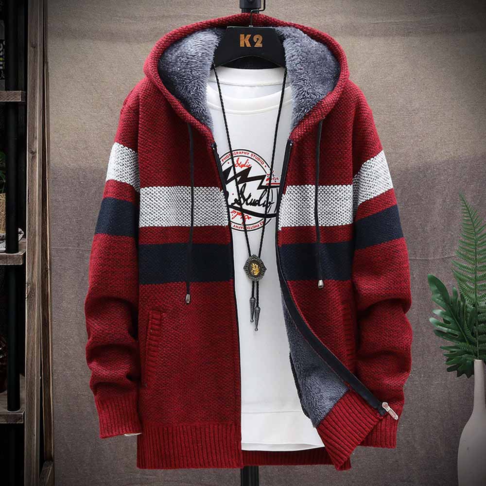 남성용 스트라이프 스웨터 코트 두꺼운 양털 따뜻한 지퍼 - Fleece Hoodie Lined 리뷰 및 가격