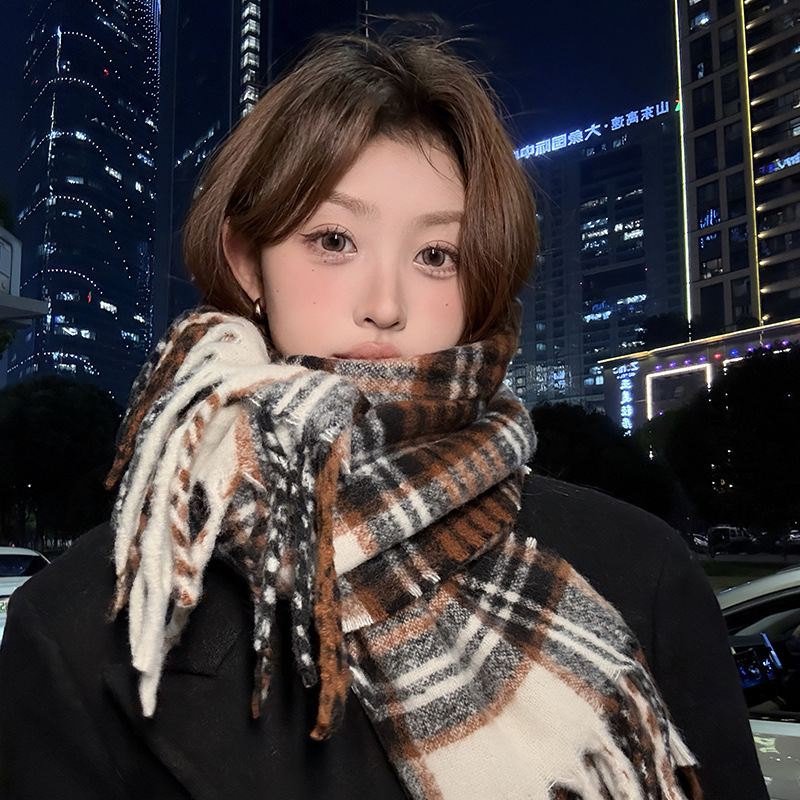 퍼플 체크 스카프 여성용 가을 겨울 한국 스타일 두꺼운 - Winter Clothing Korea 리뷰 및 가격