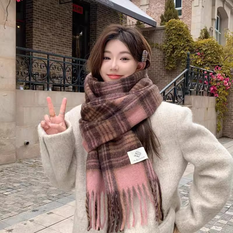 퍼플 체크 스카프 여성용 가을 겨울 한국 스타일 두꺼운 - Winter Clothing Korea 리뷰 및 가격